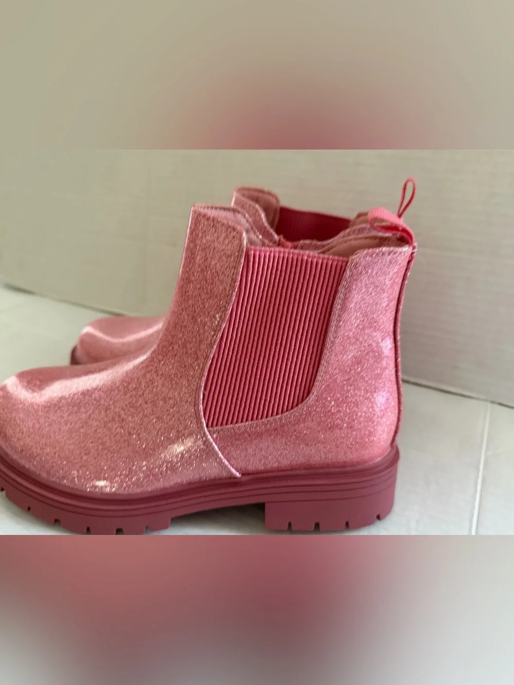 Pink glitter girls ankle boots side zipper chelsea boot Girls lug sole Size 2